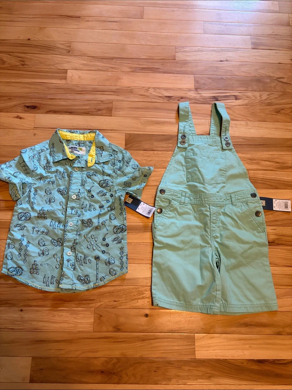 OshKosh B'gosh Mint Green Short Overalls with Printed Mint Shirt